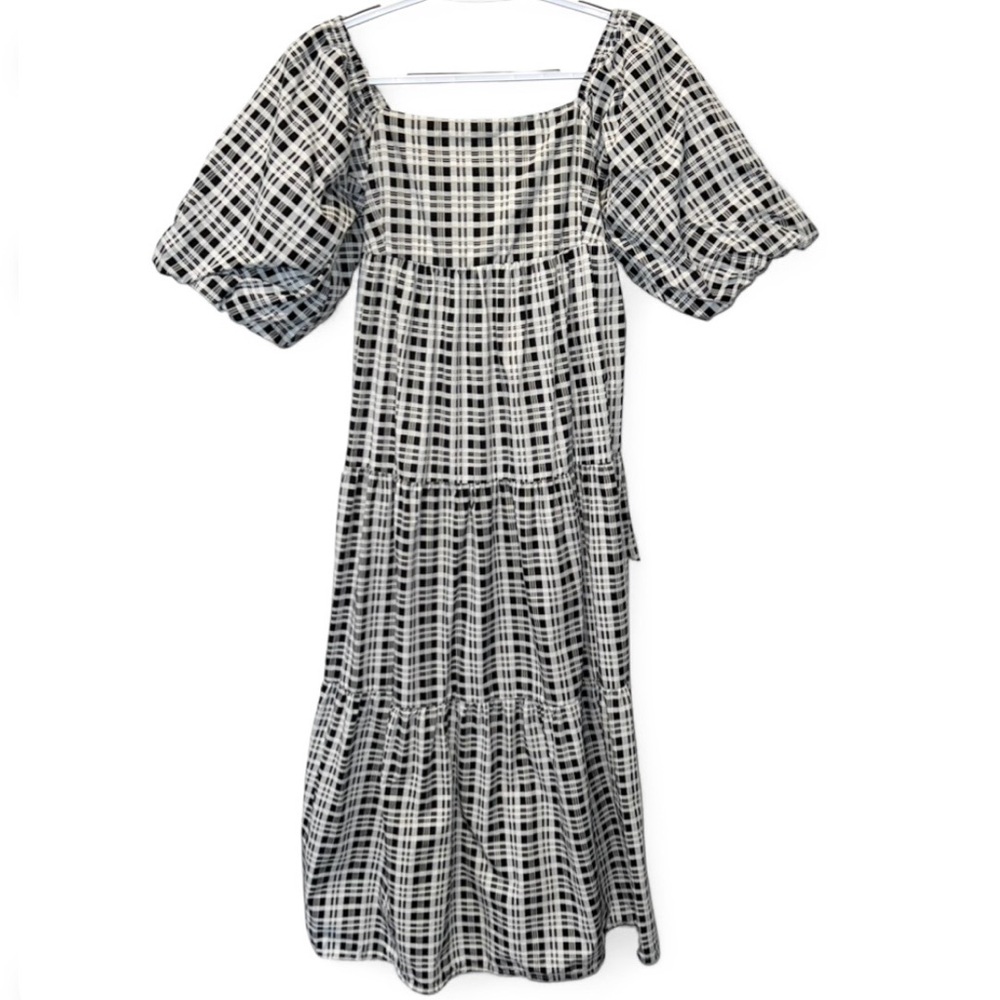 Faithfull the Brand Black White Plaid Cotton Puff Sleeve Tiered Maxi Dress S - Picture 11 of 11